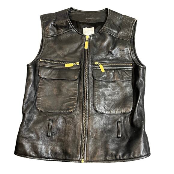Black Leather Biker Motorcycle Vest Womens Gold Zipper Pockets S NO BELT‎ Vakko - Picture 1 of 8